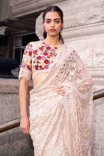 Seema Gujral_Beige Net High Neck Saree With Thread Work Embroidered Blouse _at_Aza_Fashions