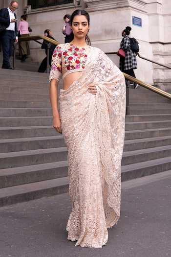 Buy_Seema Gujral_Beige Net High Neck Saree With Thread Work Embroidered Blouse 