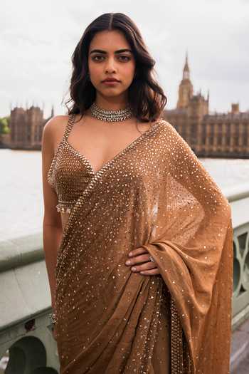 Buy_Seema Gujral_Gold Georgette Plunge Neck Crystal Embroidered Saree With Blouse _Online
