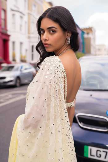 Buy_Seema Gujral_Yellow Georgette, Silk Ombre Lemon Mirror Work Saree With Blouse _Online_at_Aza_Fashions