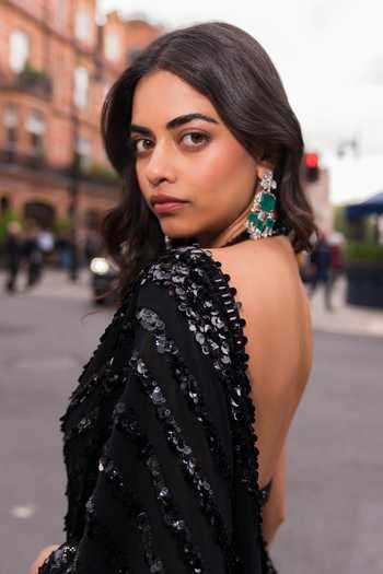 Buy_Seema Gujral_Black Georgette, Net Halter Neck Sequin And Crystal Embroidered Saree With Blouse _Online_at_Aza_Fashions