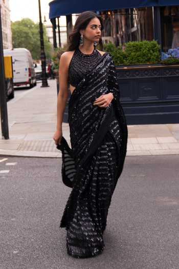 Buy_Seema Gujral_Black Georgette, Net Halter Neck Sequin And Crystal Embroidered Saree With Blouse 
