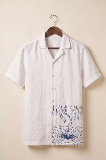 Shop_Hilo Design_White Linen Nivra Rain Ripple Embroidered Shirt _at_Aza_Fashions