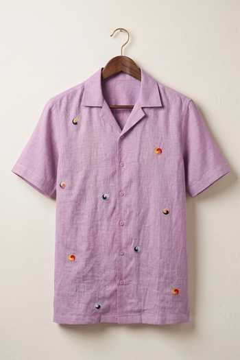 Shop_Hilo Design_Purple Linen Airloom Embroidered Shirt _at_Aza_Fashions