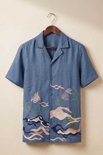 Shop_Hilo Design_Blue Linen Mirage Embroidered Shirt _at_Aza_Fashions