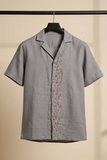 Shop_Hilo Design_Grey Linen Driftstone Embroidered Shirt _at_Aza_Fashions