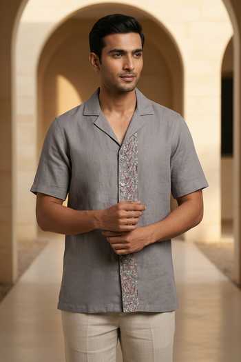Buy_Hilo Design_Grey Linen Driftstone Embroidered Shirt _at_Aza_Fashions