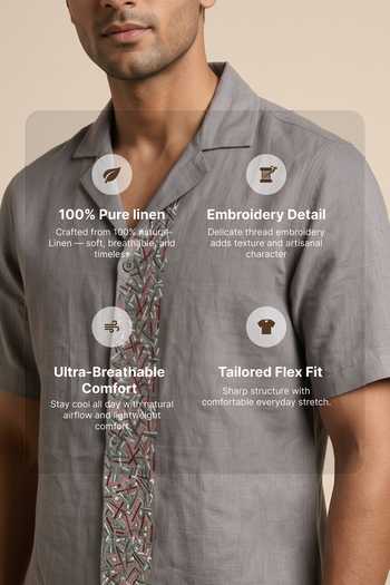 Hilo Design_Grey Linen Driftstone Embroidered Shirt _Online_at_Aza_Fashions