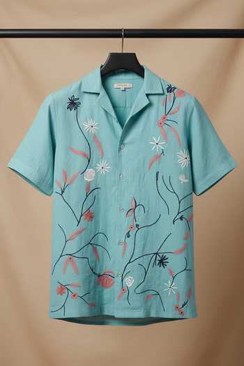Shop_Hilo Design_Blue Linen Serene Floral Embroidered Shirt _at_Aza_Fashions
