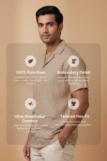Hilo Design_Beige Linen Soft Tide Embroidered Shirt _Online_at_Aza_Fashions