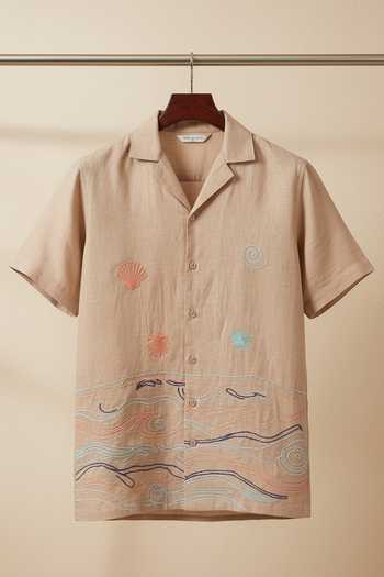 Shop_Hilo Design_Beige Linen Soft Tide Embroidered Shirt _at_Aza_Fashions
