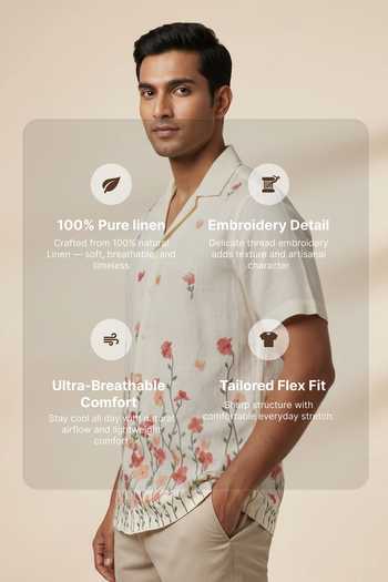 Hilo Design_Cream Linen Meadow Floral Embroidered Shirt _Online_at_Aza_Fashions