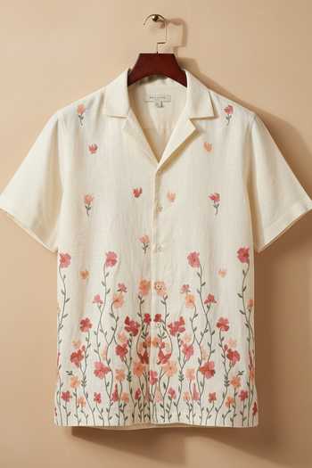 Shop_Hilo Design_Cream Linen Meadow Floral Embroidered Shirt _at_Aza_Fashions