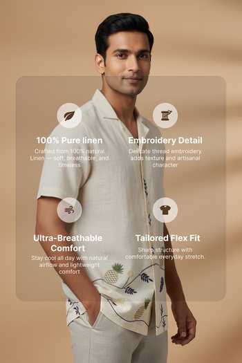 Hilo Design_Cream Linen Pinora Pineapple Embroidered Shirt _Online_at_Aza_Fashions
