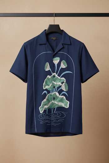 Shop_Hilo Design_Blue Cotton Midnight Bloom Lotus Embroidered Shirt _at_Aza_Fashions