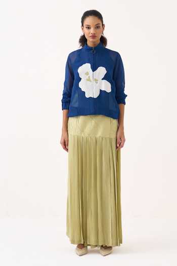 Three_Green Silk, Cotton, Crepe Overlap Pleated Skirt _Online_at_Aza_Fashions