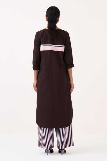 Shop_Three_Brown Cotton, Poplin Round Neck, Yes Long Tunic And Striped Pant Set _at_Aza_Fashions