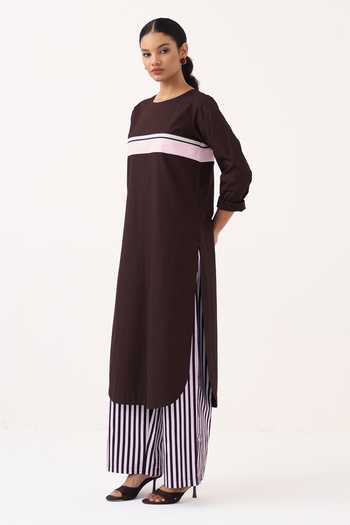 Three_Brown Cotton, Poplin Round Neck, Yes Long Tunic And Striped Pant Set _Online_at_Aza_Fashions
