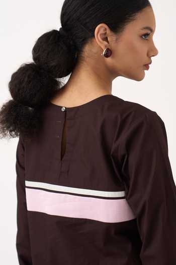 Buy_Three_Brown Cotton, Poplin Round Neck, Yes Long Tunic And Striped Pant Set _Online_at_Aza_Fashions