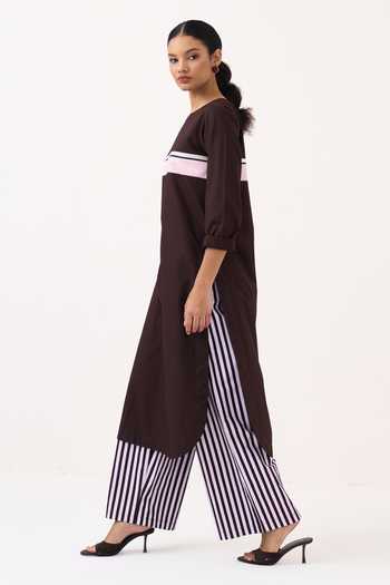 Shop_Three_Brown Cotton, Poplin Round Neck, Yes Long Tunic And Striped Pant Set _Online_at_Aza_Fashions