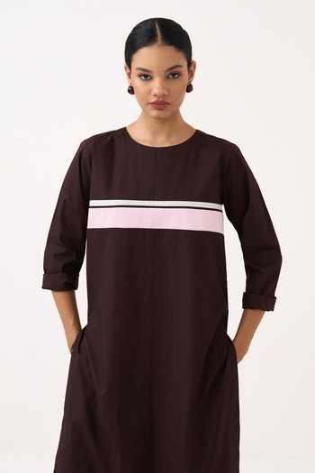 Three_Brown Cotton, Poplin Round Neck, Yes Long Tunic And Striped Pant Set _at_Aza_Fashions