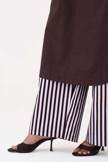 Buy_Three_Brown Cotton, Poplin Round Neck, Yes Long Tunic And Striped Pant Set 