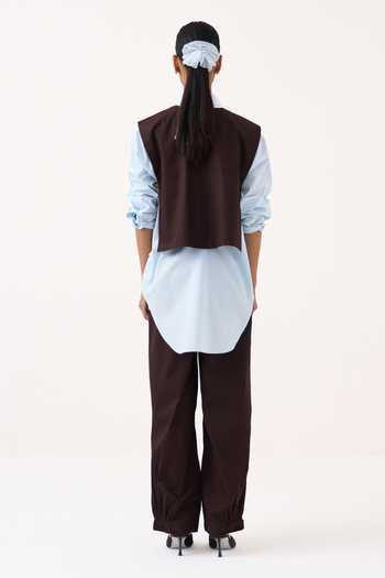 Shop_Three_Brown Poplin Embroidery, Patchwork Collared Neck Overlay And Pant Co-ord Set _at_Aza_Fashions