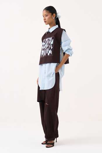 Three_Brown Poplin Embroidery, Patchwork Collared Neck Overlay And Pant Co-ord Set _Online_at_Aza_Fashions