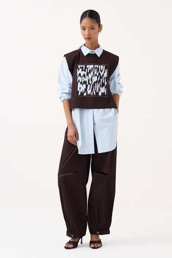 Buy_Three_Brown Poplin Embroidery, Patchwork Collared Neck Overlay And Pant Co-ord Set _at_Aza_Fashions