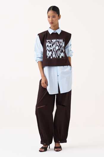 Buy_Three_Brown Poplin Embroidery, Patchwork Collared Neck Overlay And Pant Co-ord Set _Online_at_Aza_Fashions