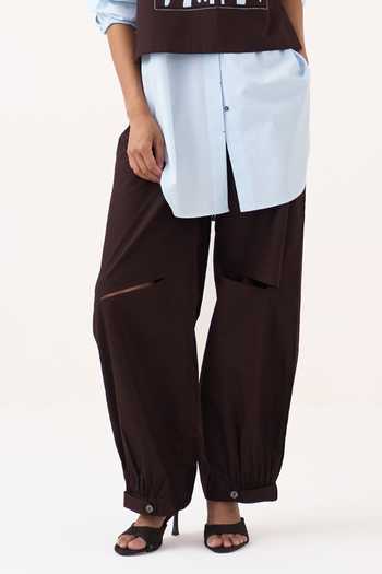 Shop_Three_Brown Poplin Embroidery, Patchwork Collared Neck Overlay And Pant Co-ord Set _Online_at_Aza_Fashions