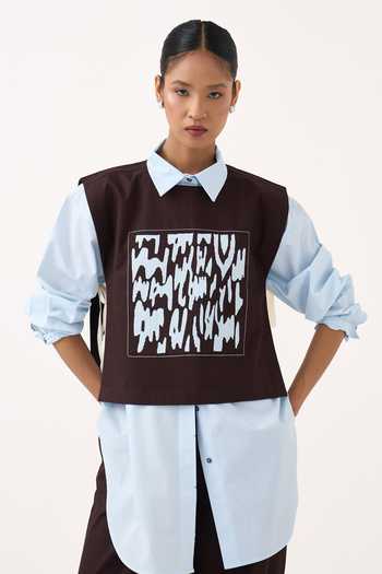 Three_Brown Poplin Embroidery, Patchwork Collared Neck Overlay And Pant Co-ord Set _at_Aza_Fashions