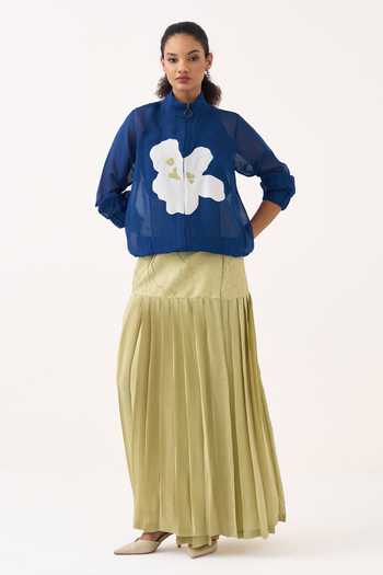Buy_Three_Cobalt Organza, Silk, Cotton, Crepe High Neck Floral Applique Bomber And Skirt Set _at_Aza_Fashions