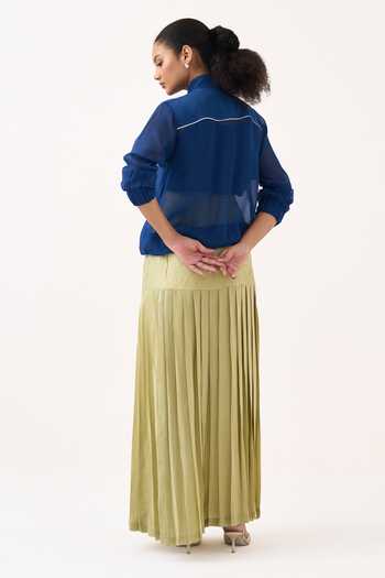 Shop_Three_Cobalt Organza, Silk, Cotton, Crepe High Neck Floral Applique Bomber And Skirt Set _at_Aza_Fashions