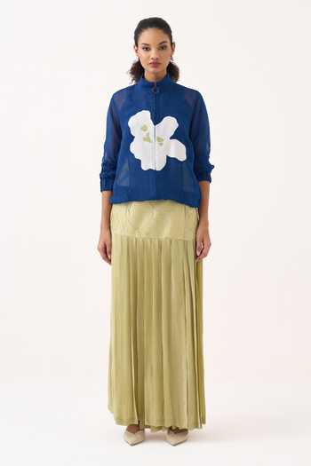 Three_Cobalt Organza, Silk, Cotton, Crepe High Neck Floral Applique Bomber And Skirt Set _Online_at_Aza_Fashions