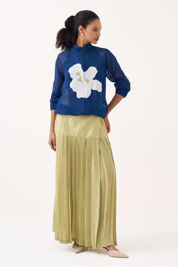 Buy_Three_Cobalt Organza, Silk, Cotton, Crepe High Neck Floral Applique Bomber And Skirt Set _Online_at_Aza_Fashions