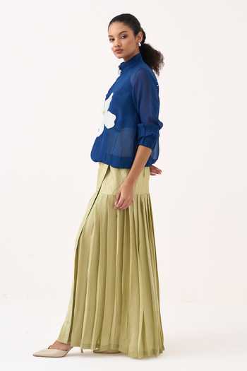 Shop_Three_Cobalt Organza, Silk, Cotton, Crepe High Neck Floral Applique Bomber And Skirt Set _Online_at_Aza_Fashions