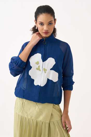 Three_Cobalt Organza, Silk, Cotton, Crepe High Neck Floral Applique Bomber And Skirt Set _at_Aza_Fashions