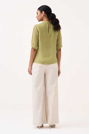 Shop_Three_Green Organza, Twill Mandarin Collar Poppy Pattern Top And Pant Set _at_Aza_Fashions