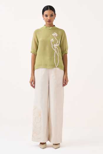 Three_Green Organza, Twill Mandarin Collar Poppy Pattern Top And Pant Set _Online_at_Aza_Fashions