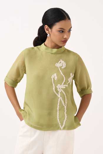 Buy_Three_Green Organza, Twill Mandarin Collar Poppy Pattern Top And Pant Set _Online_at_Aza_Fashions