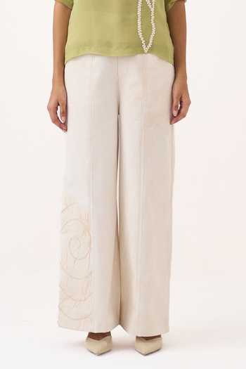 Shop_Three_Green Organza, Twill Mandarin Collar Poppy Pattern Top And Pant Set _Online_at_Aza_Fashions