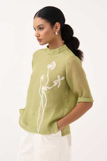 Three_Green Organza, Twill Mandarin Collar Poppy Pattern Top And Pant Set _at_Aza_Fashions