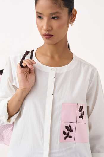 Three_White Cotton, Poplin Round Neck Patch Embroidered Asymmetric Hem Tunic _Online_at_Aza_Fashions