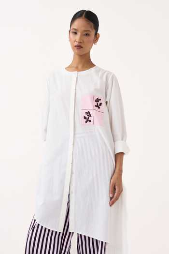 Buy_Three_White Cotton, Poplin Round Neck Patch Embroidered Asymmetric Hem Tunic _at_Aza_Fashions
