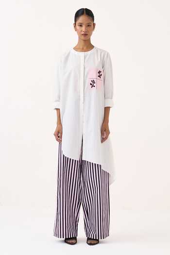 Shop_Three_White Cotton, Poplin Round Neck Patch Embroidered Asymmetric Hem Tunic _Online_at_Aza_Fashions