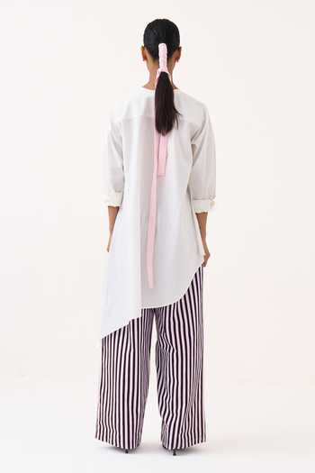 Shop_Three_White Cotton, Poplin Round Neck Patch Embroidered Asymmetric Hem Tunic _at_Aza_Fashions