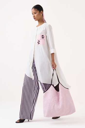 Buy_Three_White Cotton, Poplin Round Neck Patch Embroidered Asymmetric Hem Tunic 