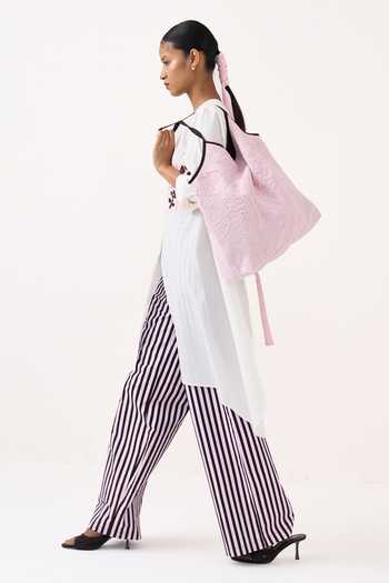 Shop_Three_White Cotton, Poplin Round Neck Patch Embroidered Asymmetric Hem Tunic 