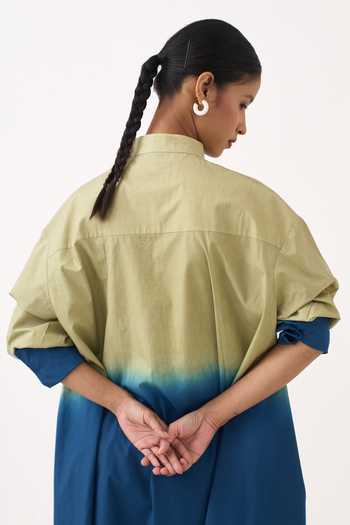 Three_Green Cotton, Poplin Mandarin Collar Dip-dye Side Button Tunic _Online_at_Aza_Fashions